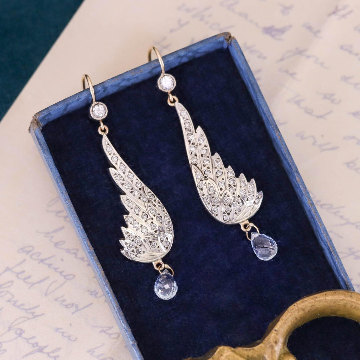 Vintage Diamond Wing Earrings with Blue Topaz Briolettes - Trademark Antiques