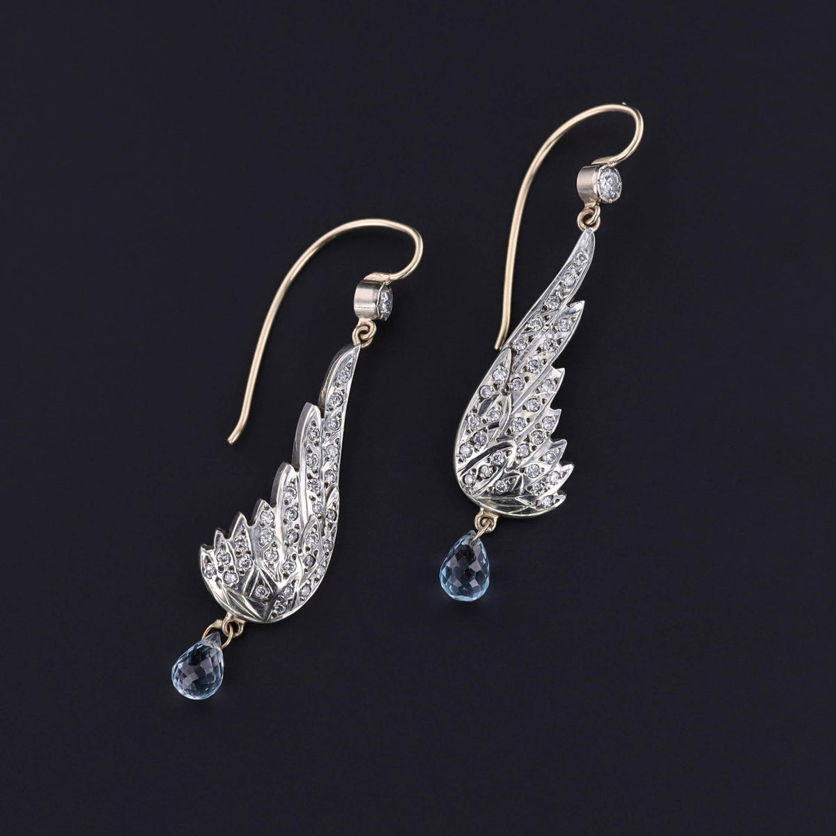 Vintage Diamond Wing Earrings with Blue Topaz Briolettes - Trademark Antiques