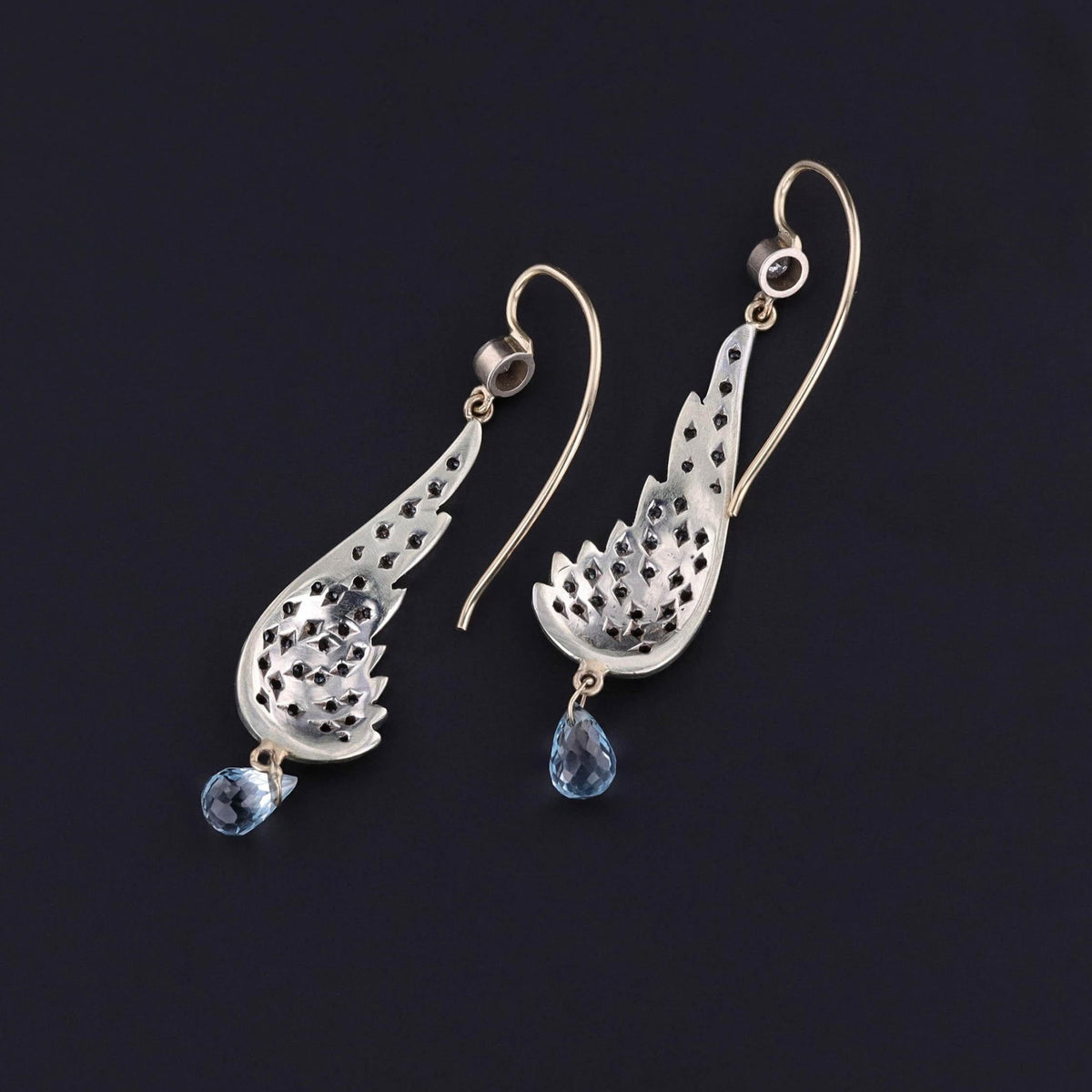 Vintage Diamond Wing Earrings with Blue Topaz Briolettes - Trademark Antiques