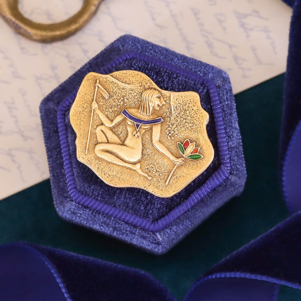 Vintage Egyptian Revival Brooch of 18k Gold by UnoAErre - Trademark Antiques