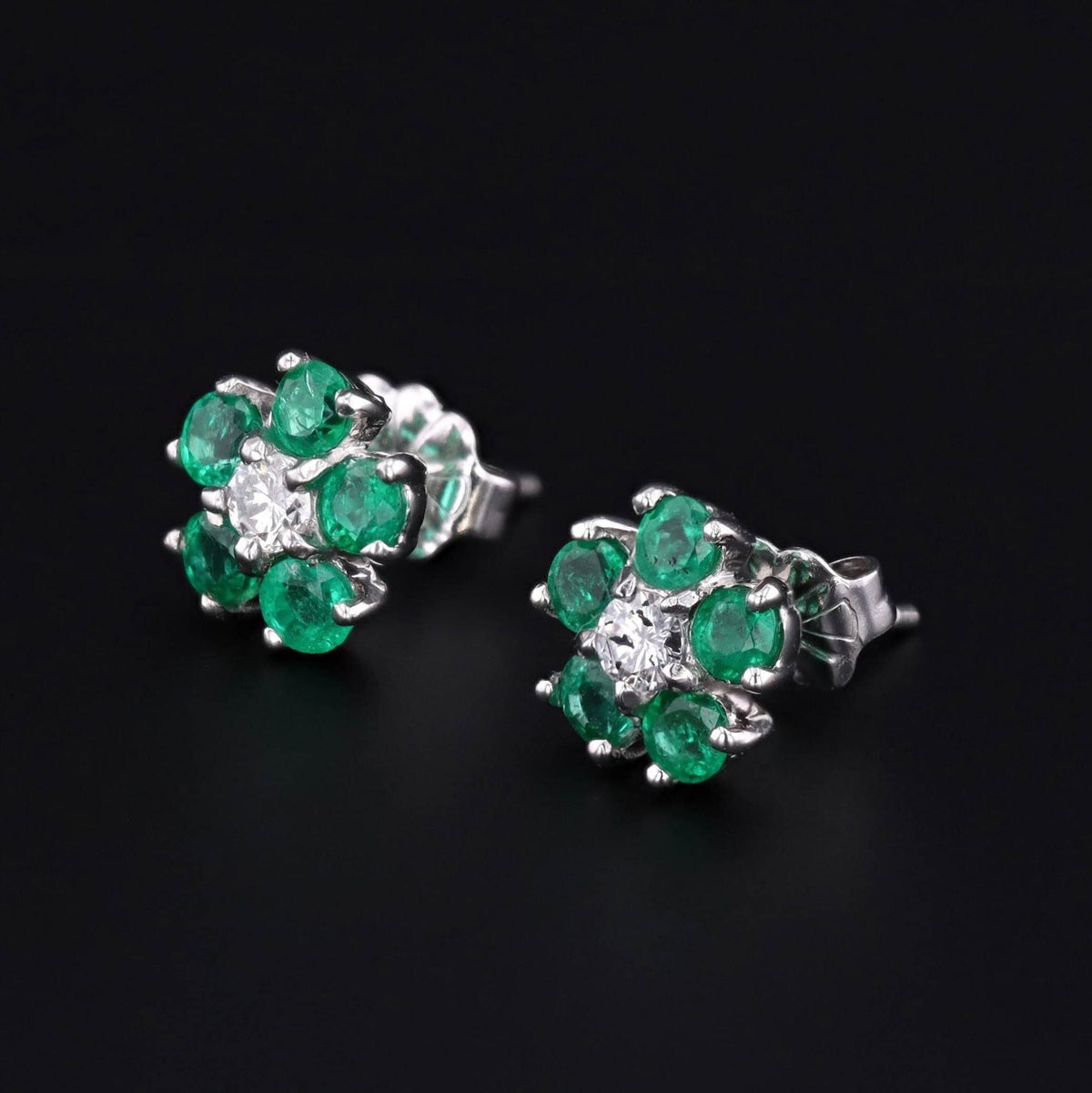 Vintage Emerald and Diamond Flower Stud Earrings - Trademark Antiques