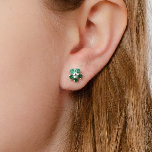 Vintage Emerald and Diamond Flower Stud Earrings - Trademark Antiques