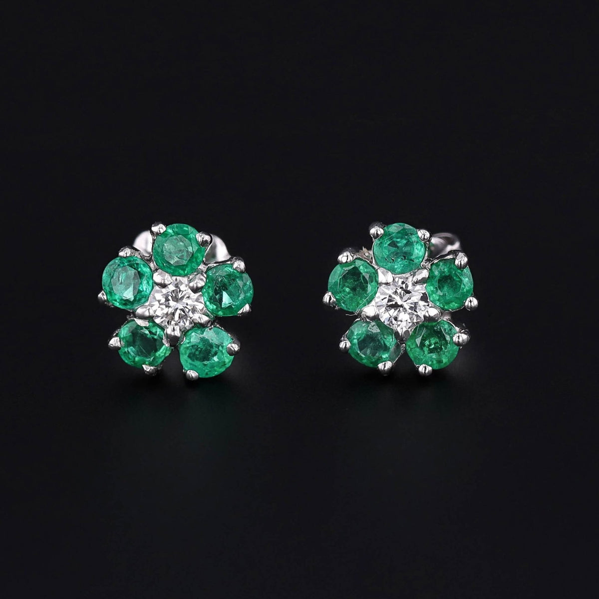 Vintage Emerald and Diamond Flower Stud Earrings - Trademark Antiques