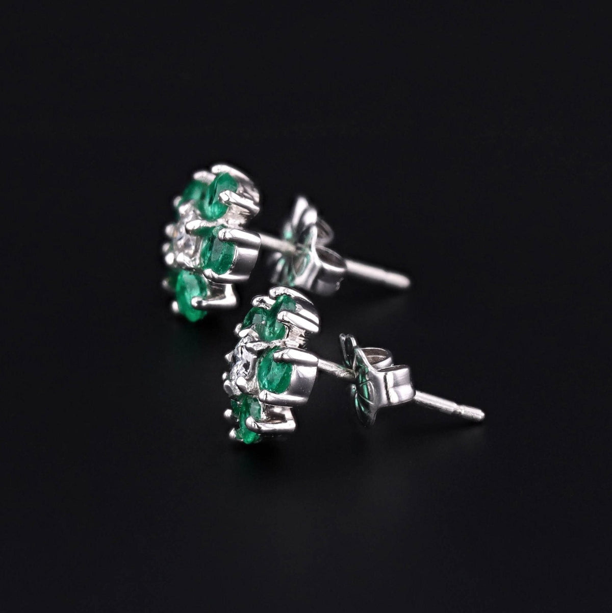 Vintage Emerald and Diamond Flower Stud Earrings - Trademark Antiques