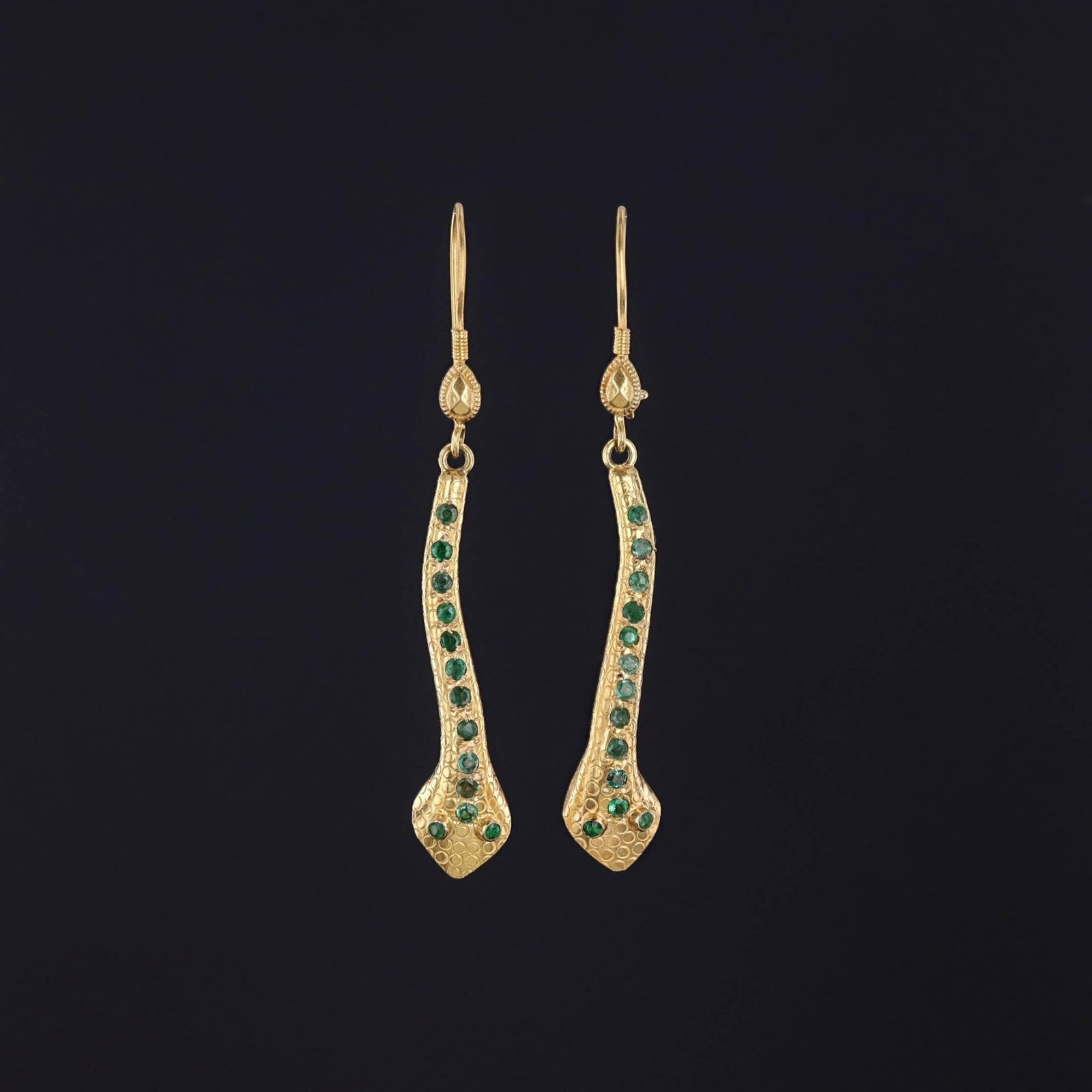Vintage Emerald Snake Earrings of 18k Gold - Trademark Antiques
