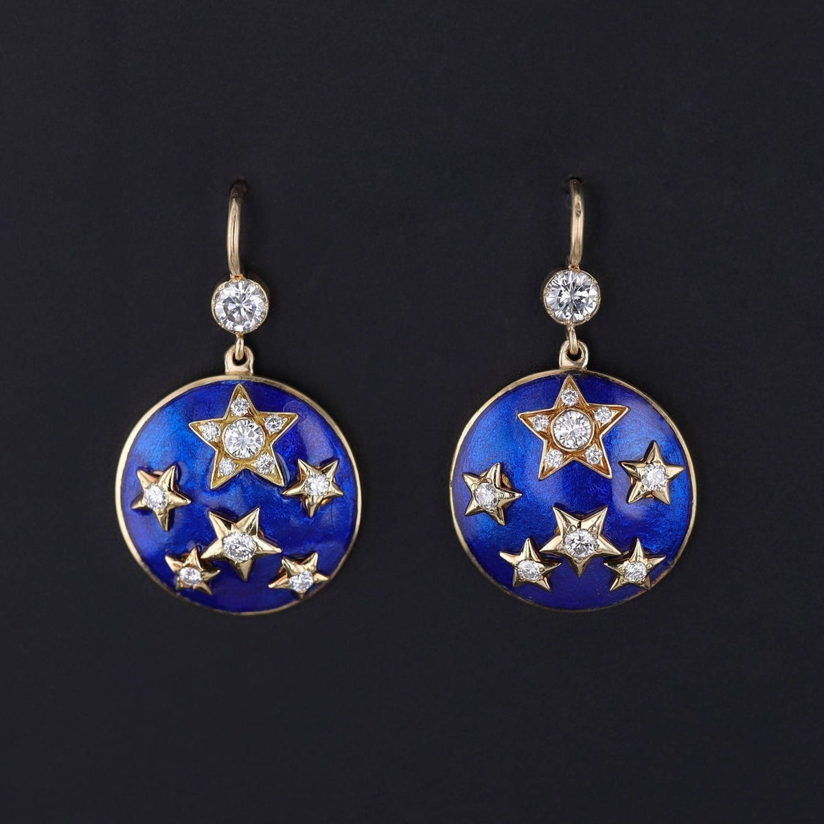 Vintage Enamel and Diamond Star Earrings of 18k Gold - Trademark Antiques