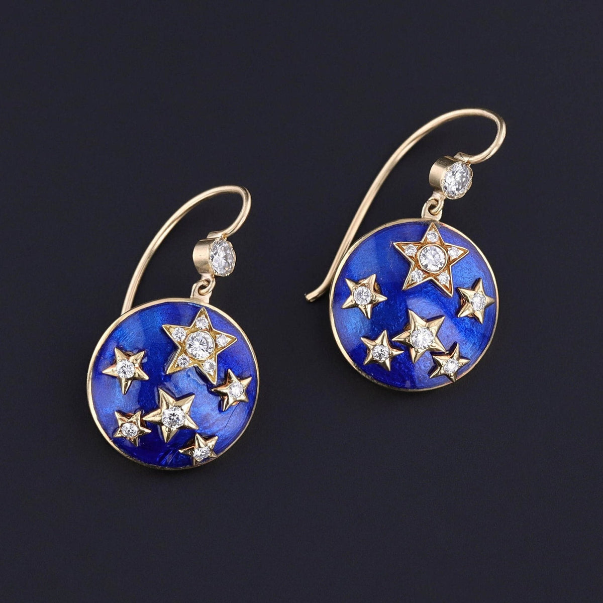Vintage Enamel and Diamond Star Earrings of 18k Gold - Trademark Antiques