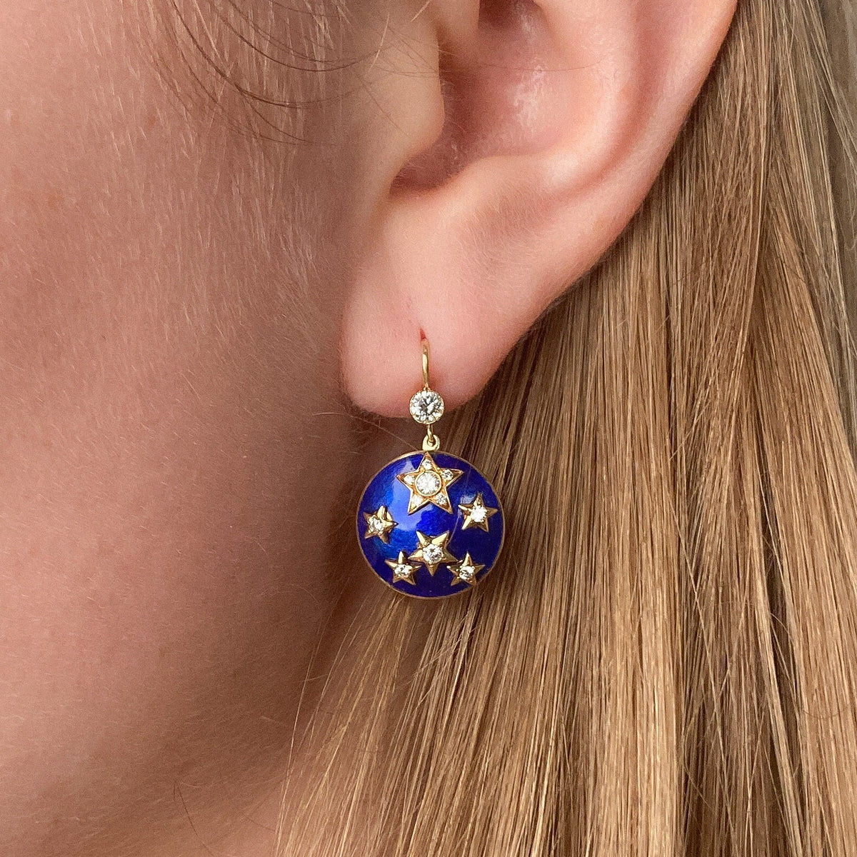 Vintage Enamel and Diamond Star Earrings of 18k Gold - Trademark Antiques