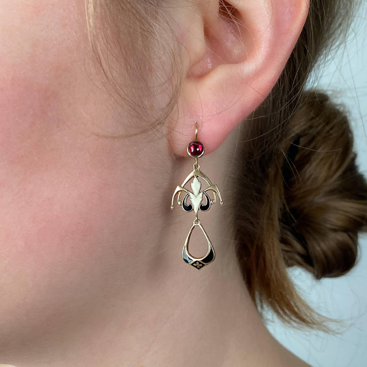Vintage Enamel and Garnet Earrings of 14k Gold - Trademark Antiques