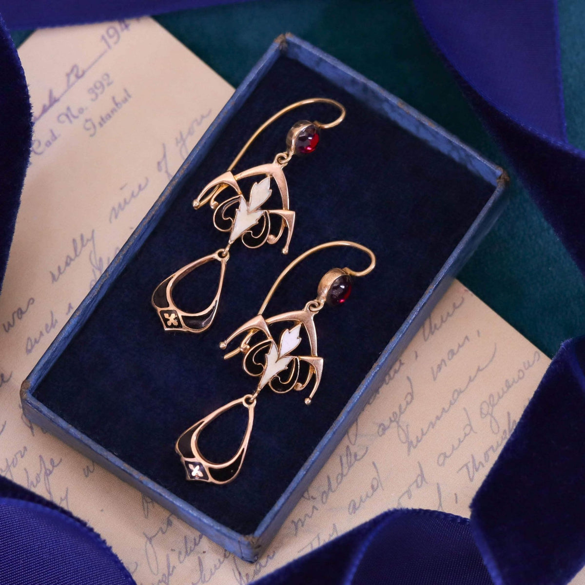 Vintage Enamel and Garnet Earrings of 14k Gold - Trademark Antiques