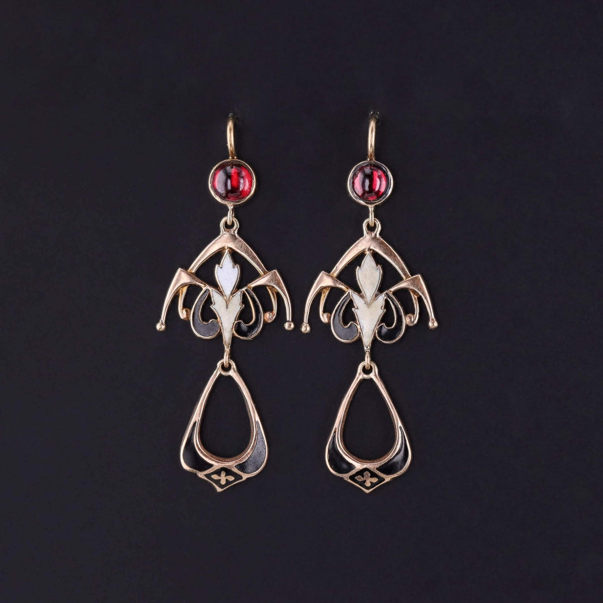 Vintage Enamel and Garnet Earrings of 14k Gold - Trademark Antiques