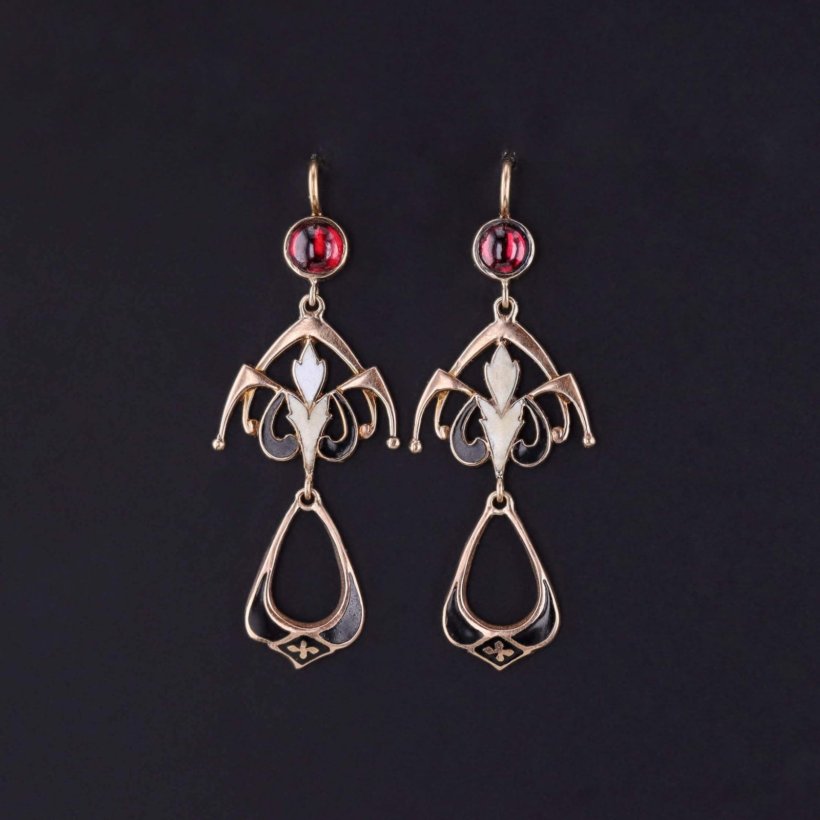 Vintage Enamel and Garnet Earrings of 14k Gold - Trademark Antiques