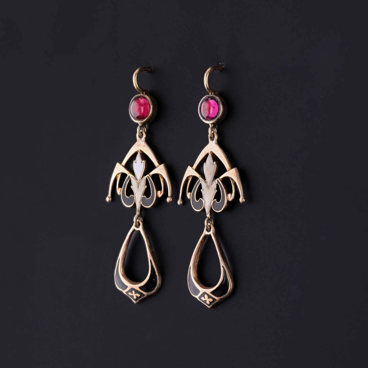 Vintage Enamel and Garnet Earrings of 14k Gold - Trademark Antiques