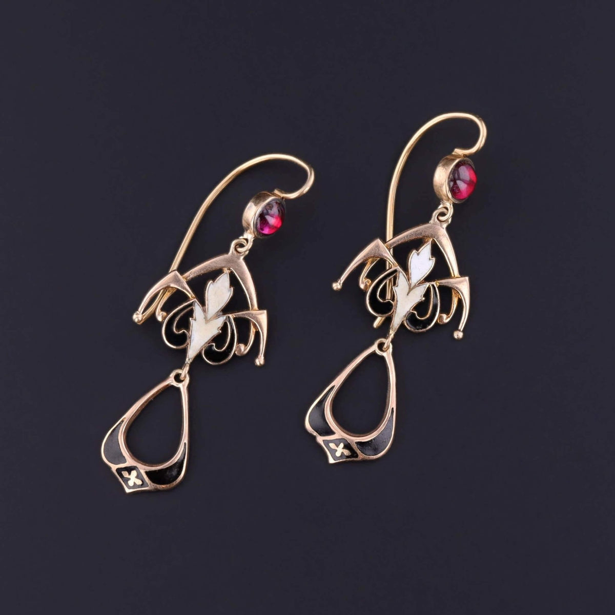 Vintage Enamel and Garnet Earrings of 14k Gold - Trademark Antiques