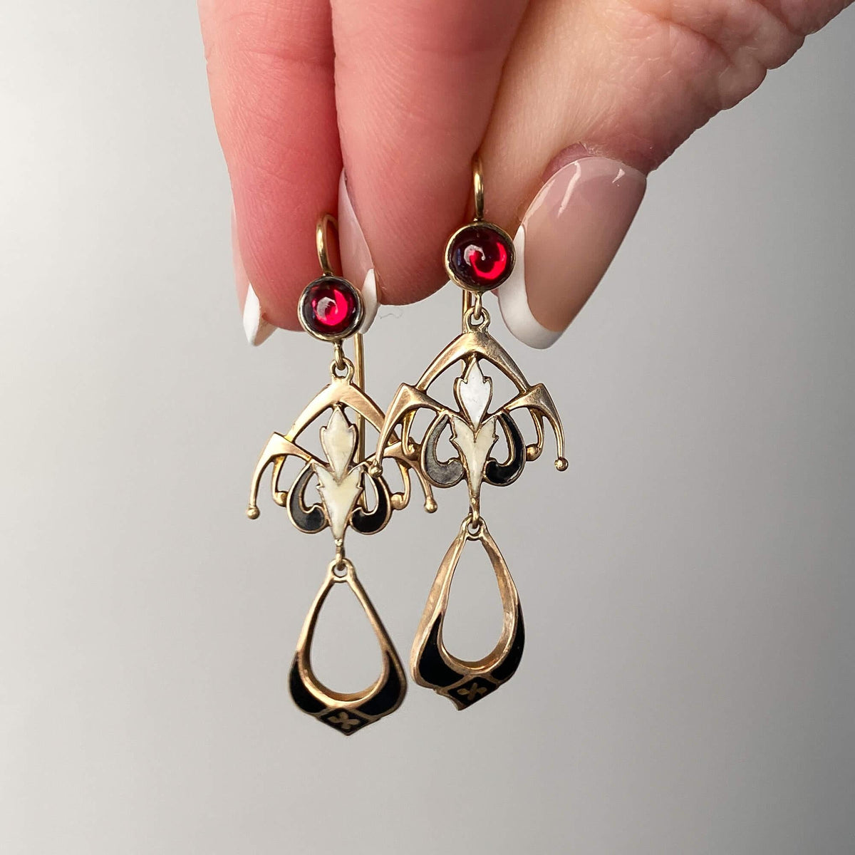 Vintage Enamel and Garnet Earrings of 14k Gold - Trademark Antiques