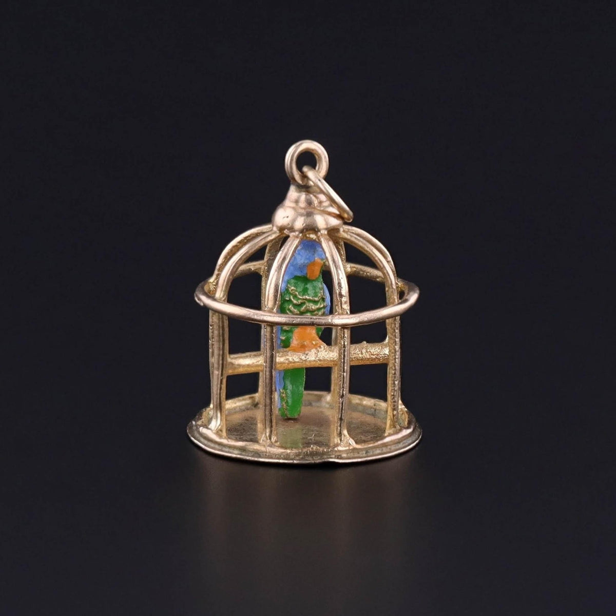 Vintage Enamel Bird in Cage Charm of 9ct Gold - Trademark Antiques