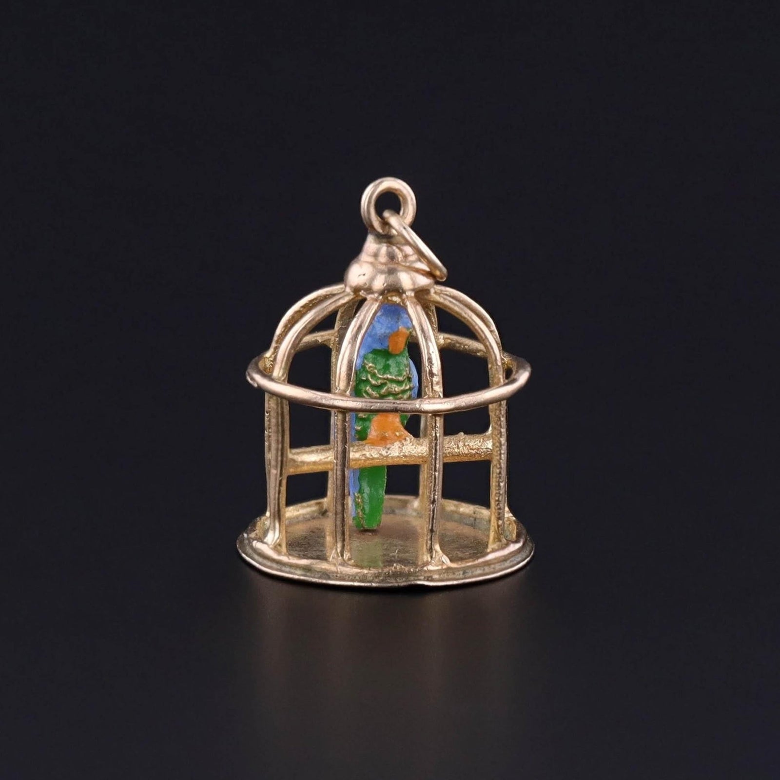 Vintage Enamel Bird in Cage Charm of 9ct Gold - Trademark Antiques