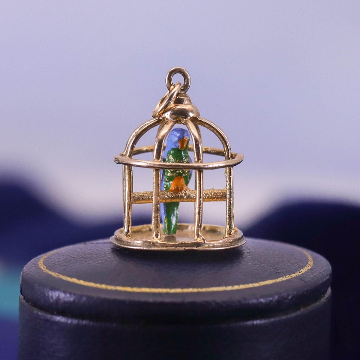 Vintage Enamel Bird in Cage Charm of 9ct Gold - Trademark Antiques