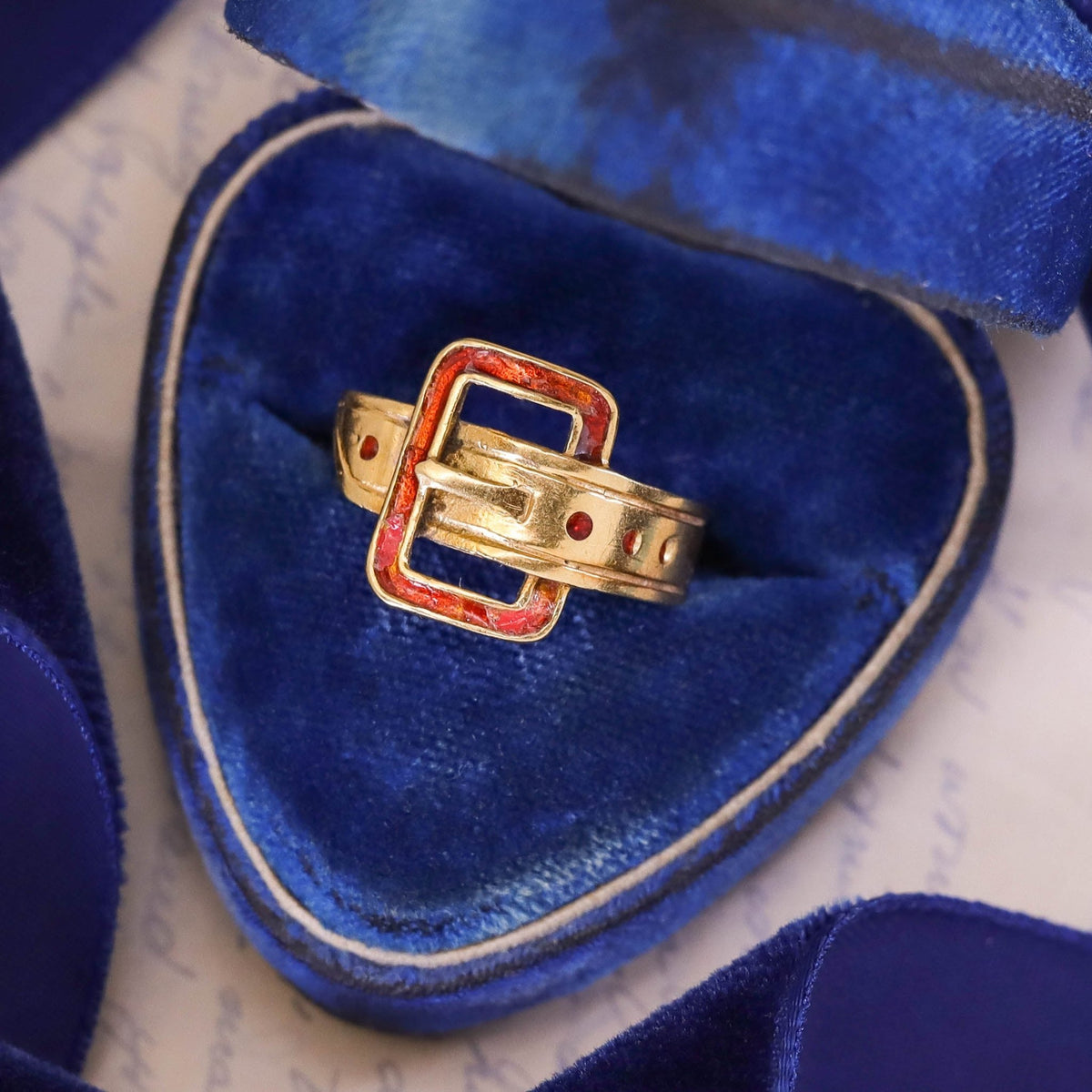 Vintage Enamel Buckle Ring of 18k Gold - Trademark Antiques