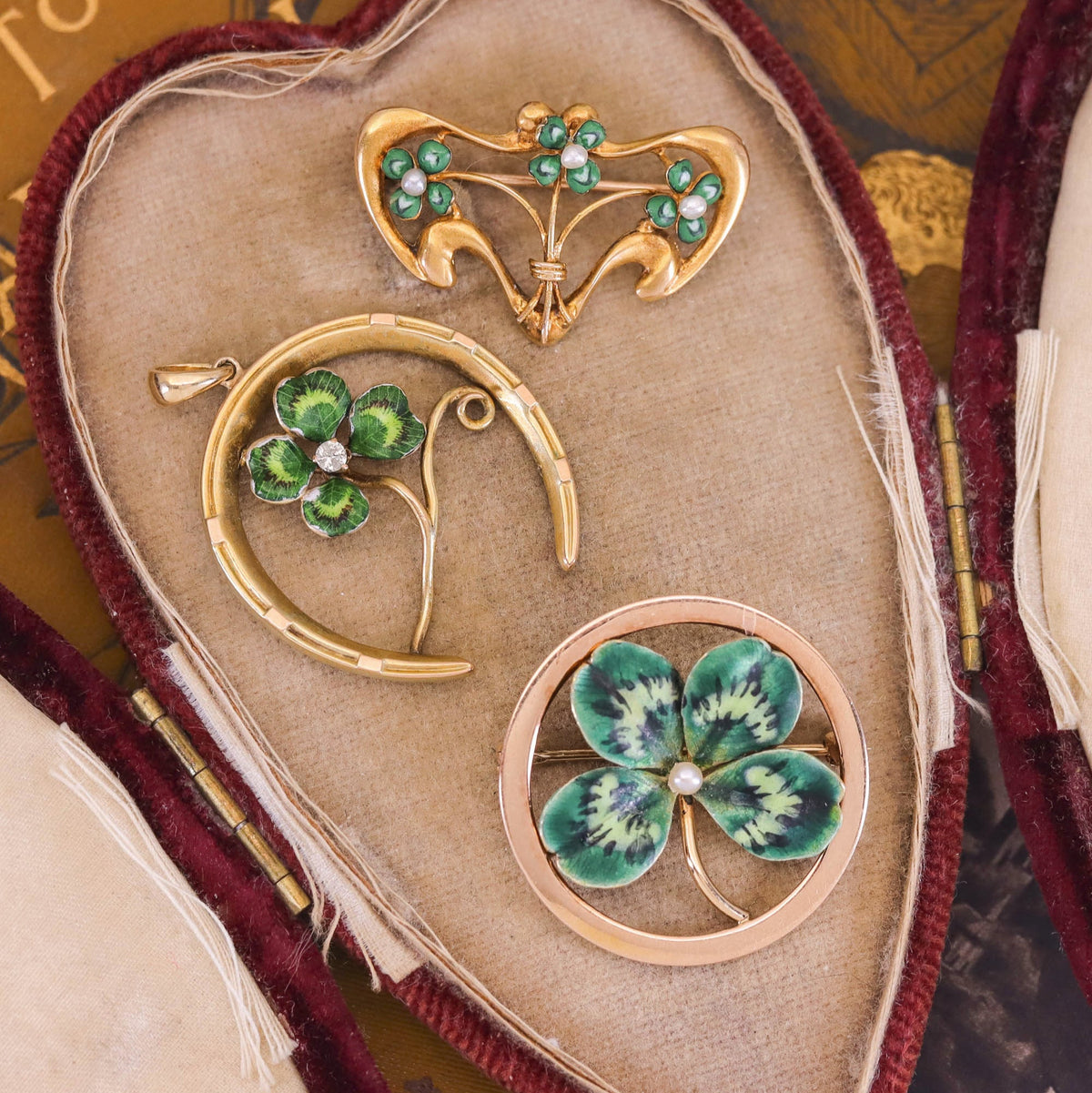Vintage Enamel Clover Brooch of 10k Gold - Trademark Antiques