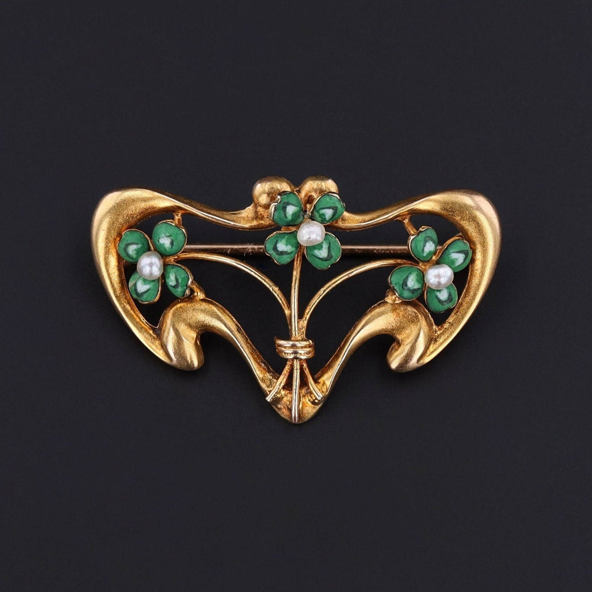 Vintage Enamel Clover Brooch of 10k Gold - Trademark Antiques