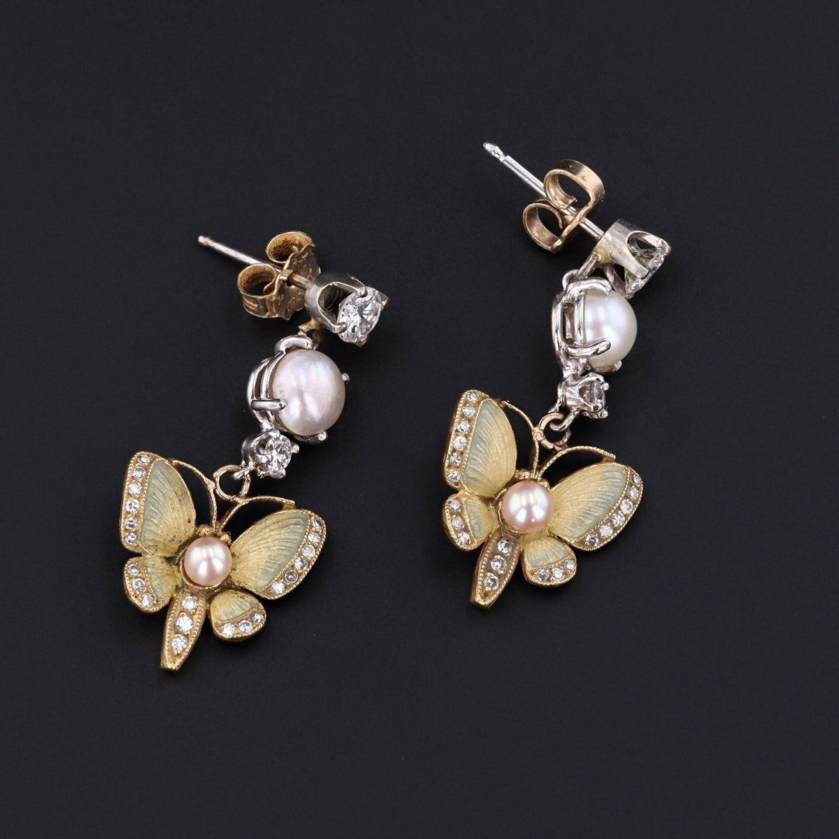 Vintage Enamel Diamond and Pearl Butterfly Earrings - Trademark Antiques