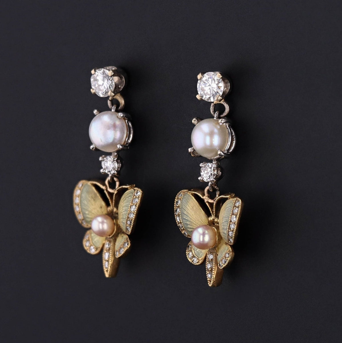 Vintage Enamel Diamond and Pearl Butterfly Earrings - Trademark Antiques