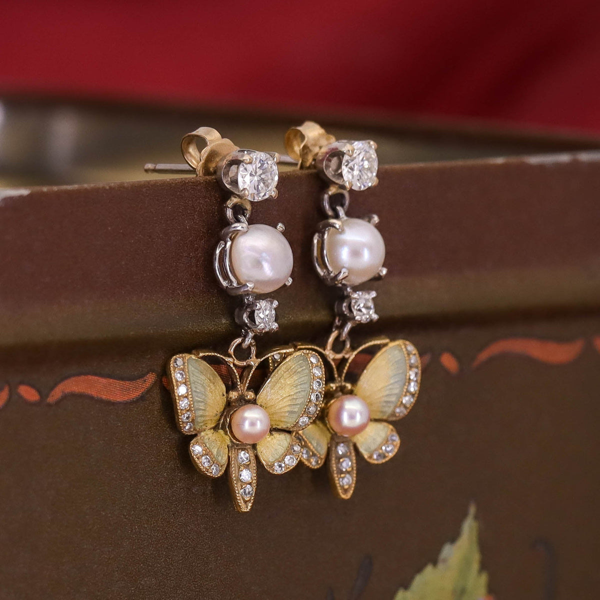 Vintage Enamel Diamond and Pearl Butterfly Earrings - Trademark Antiques