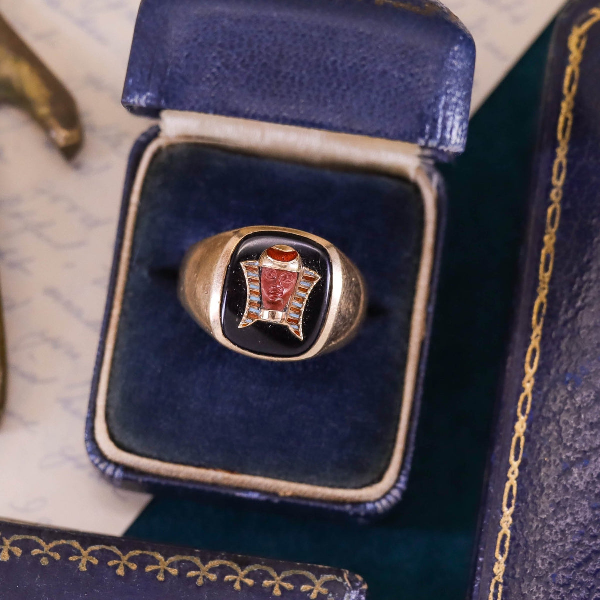 Vintage Enamel Egyptian Revival Pharaoh Conversion Ring of 10k Gold - Trademark Antiques