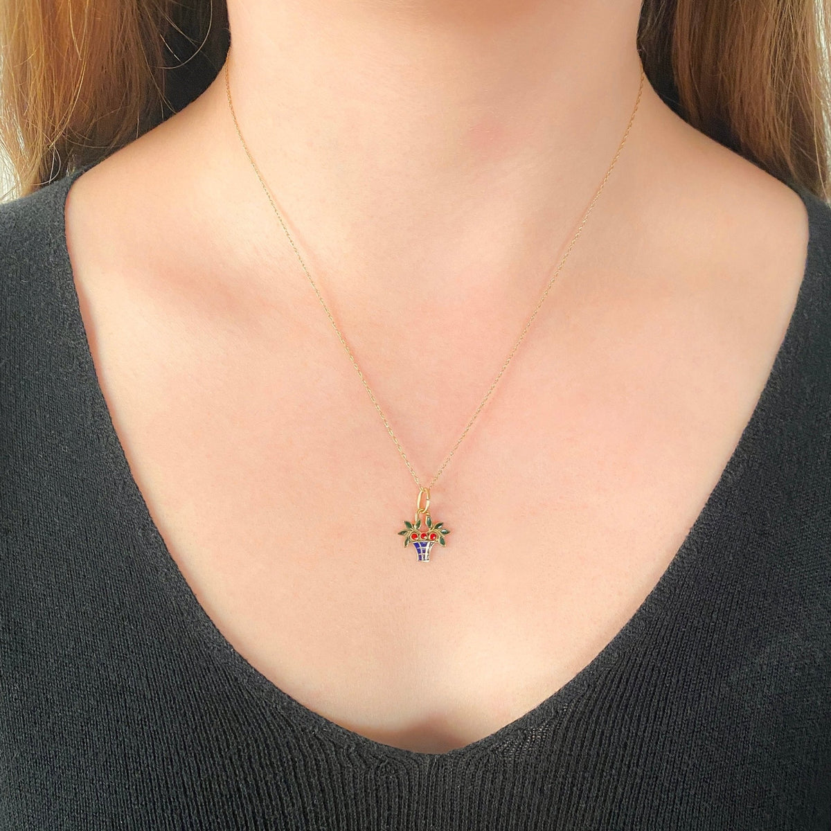 Vintage Enamel Flower Basket Charm of 14k Gold - Trademark Antiques