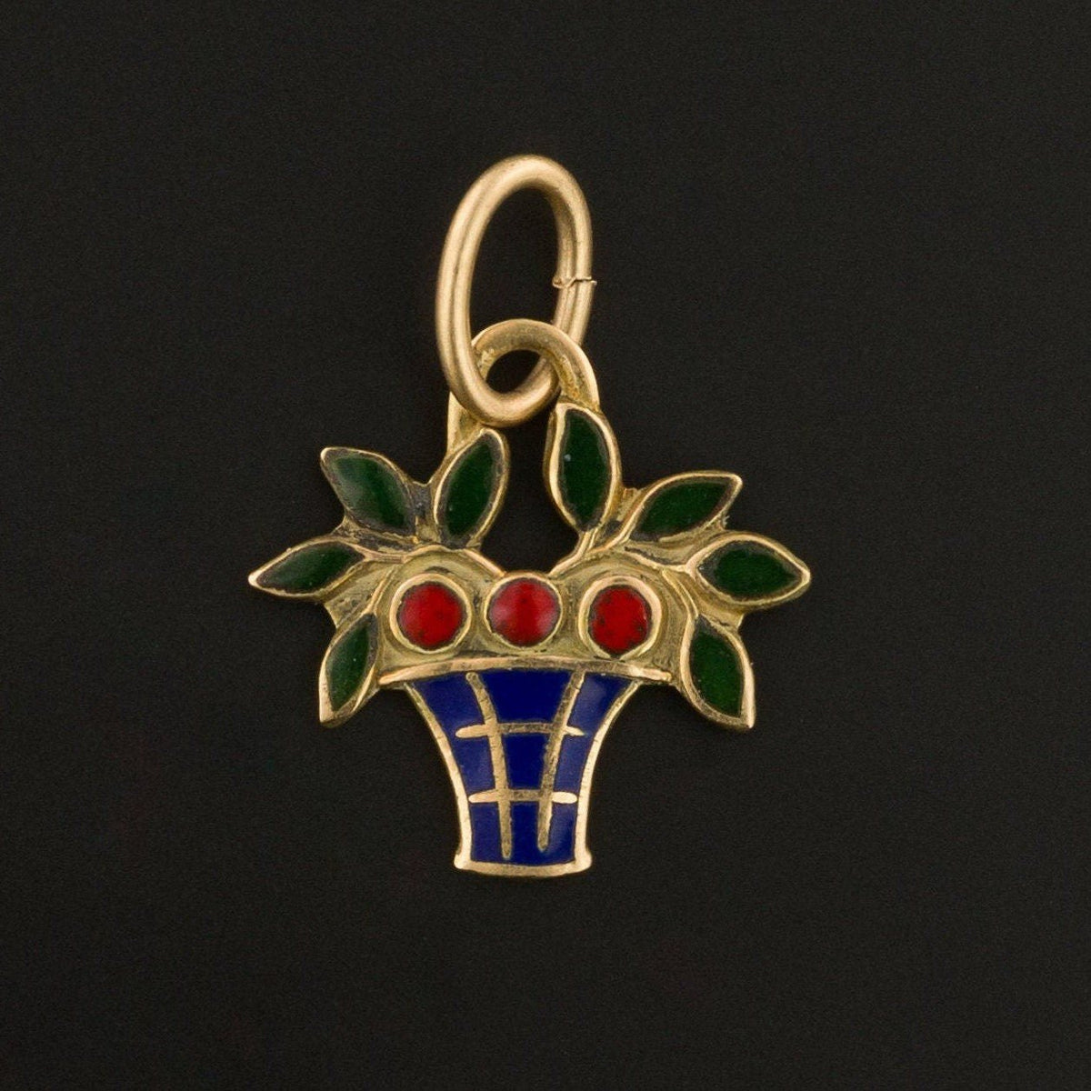Vintage Enamel Flower Basket Charm of 14k Gold - Trademark Antiques