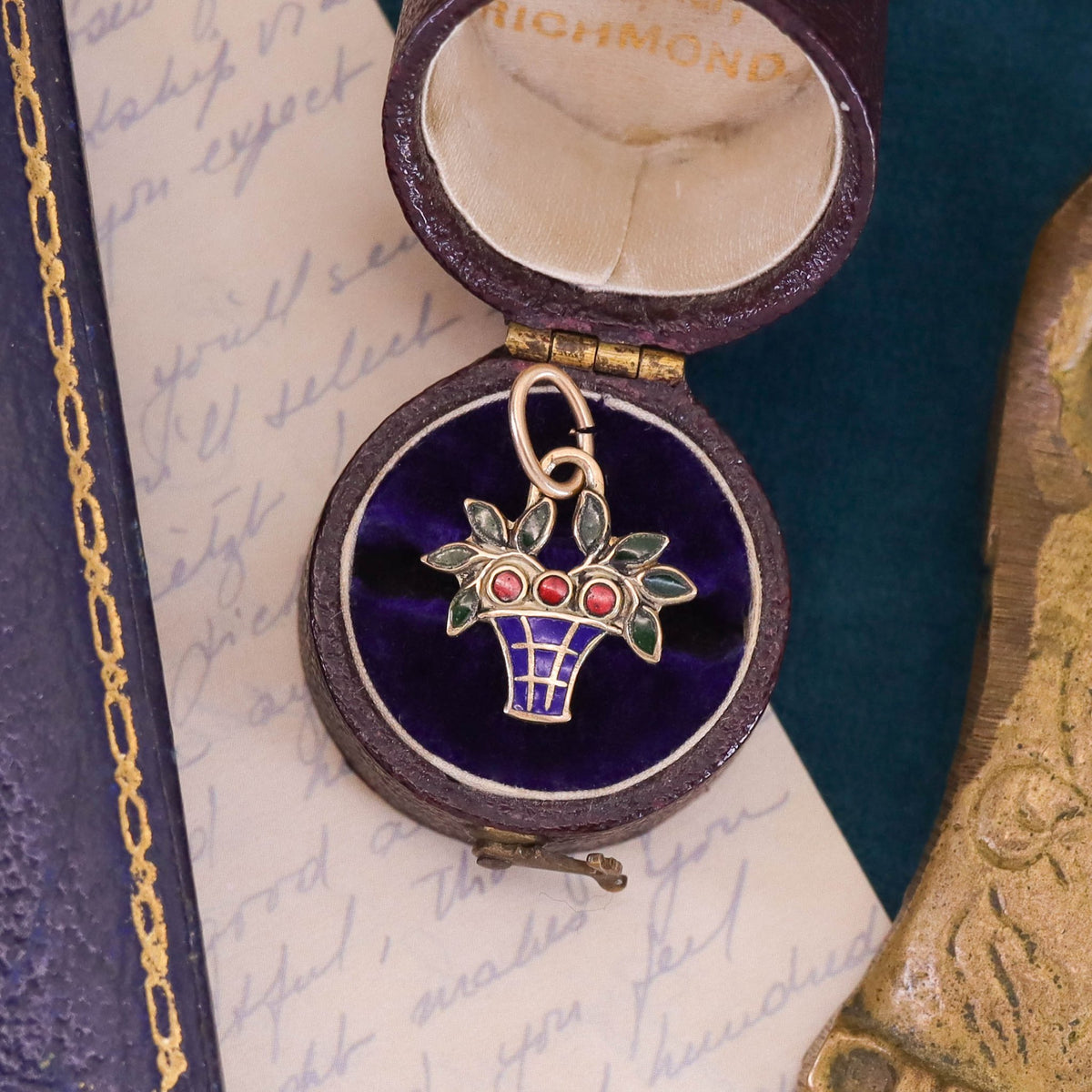 Vintage Enamel Flower Basket Charm of 14k Gold - Trademark Antiques