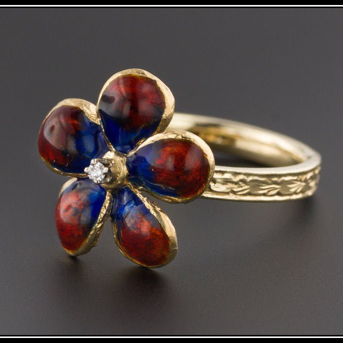 Vintage Enamel Flower Conversion Ring of 14k Gold - Trademark Antiques