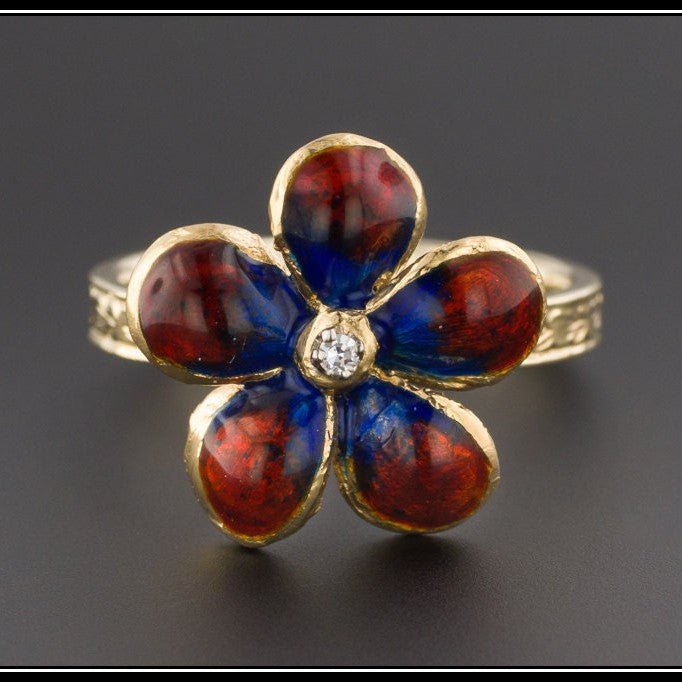 Vintage Enamel Flower Conversion Ring of 14k Gold - Trademark Antiques