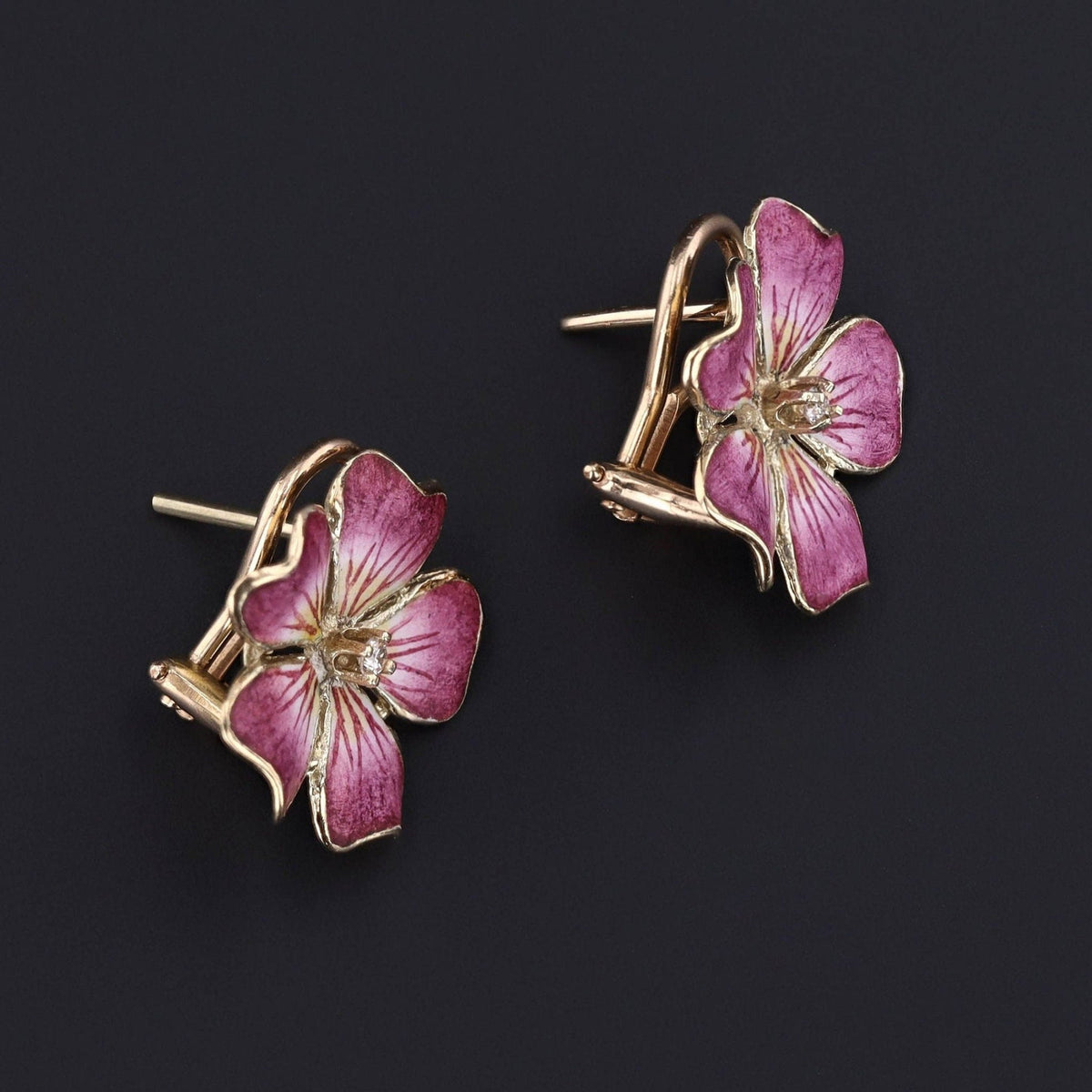 Vintage Enamel Flower Earrings of 14k Gold - Trademark Antiques