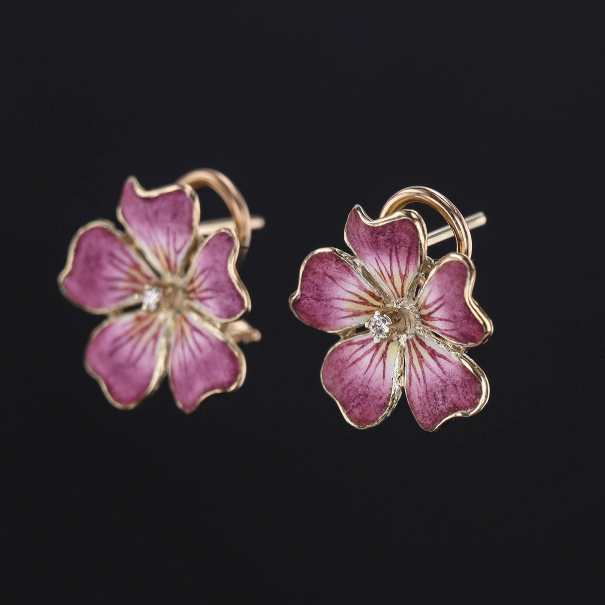 Vintage Enamel Flower Earrings of 14k Gold - Trademark Antiques