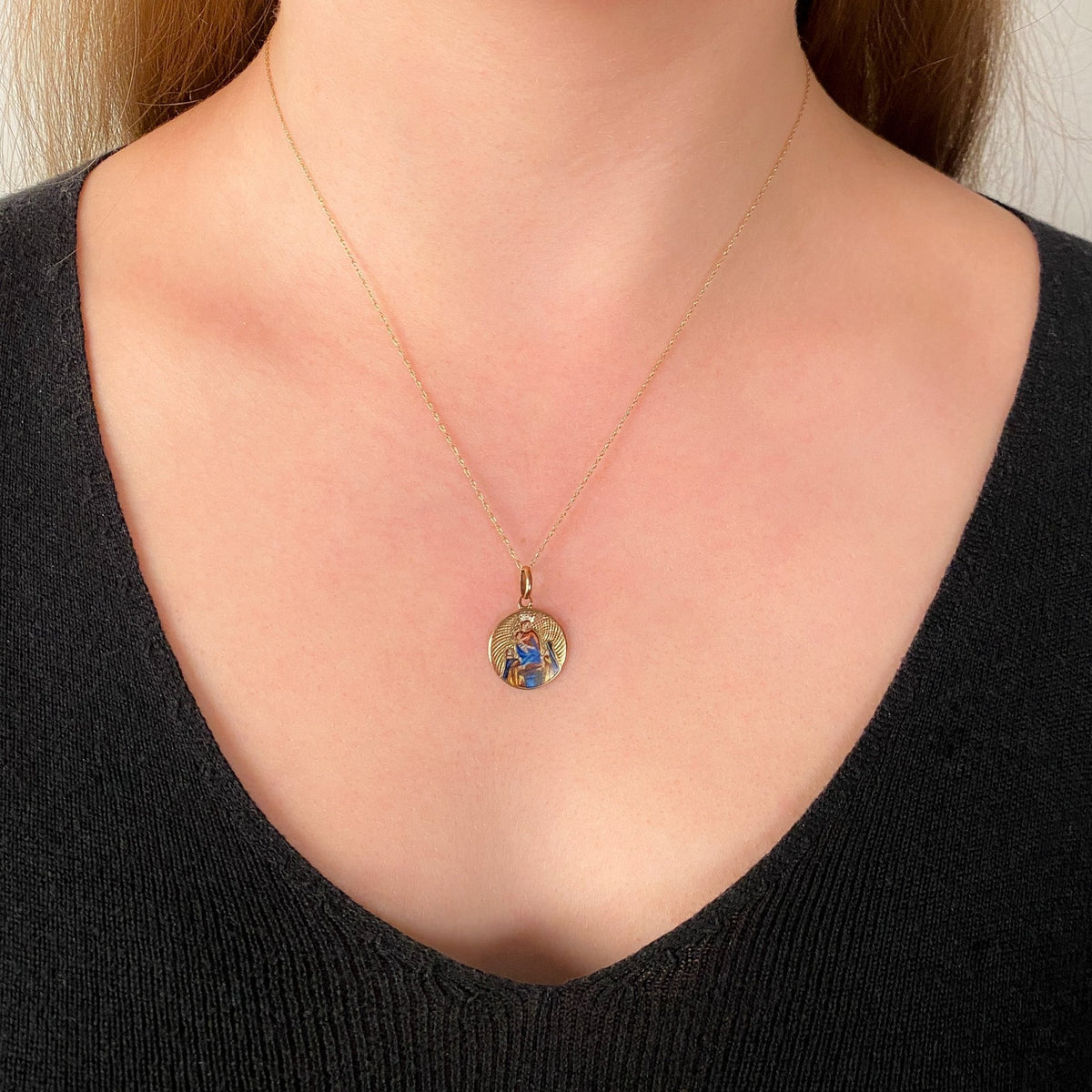 Vintage Enamel Mother Mary and Baby Jesus Pendant of 9ct Gold - Trademark Antiques
