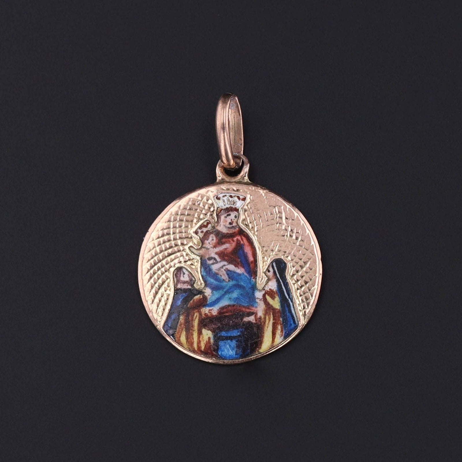 Vintage Enamel Mother Mary and Baby Jesus Pendant of 9ct Gold - Trademark Antiques