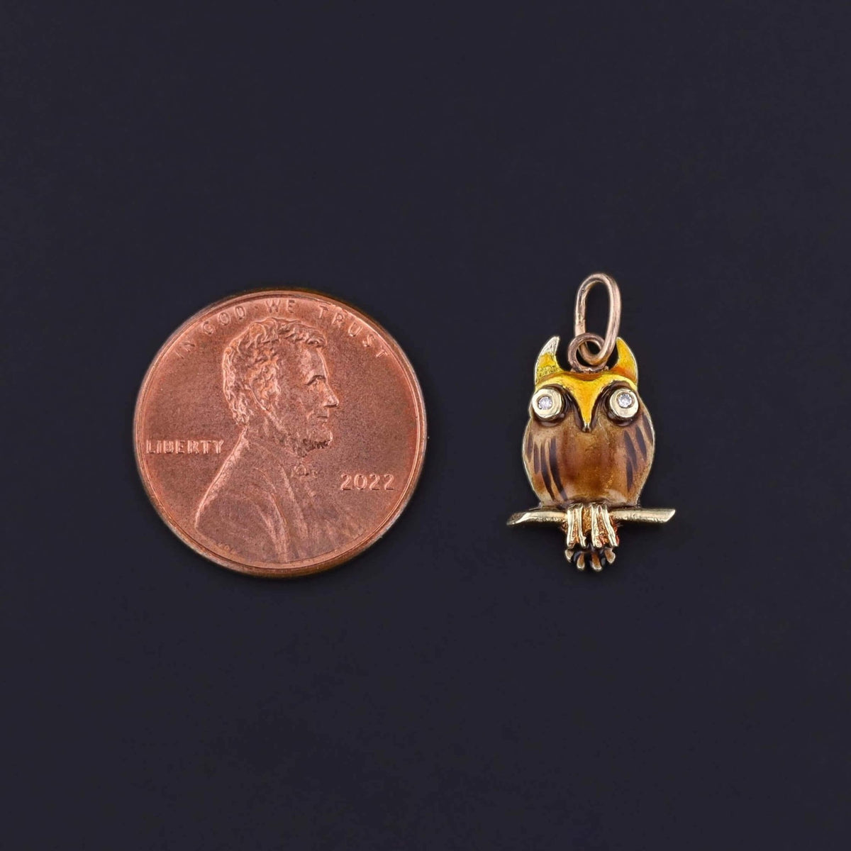 Vintage Enamel Owl Charm of 14k Gold - Trademark Antiques