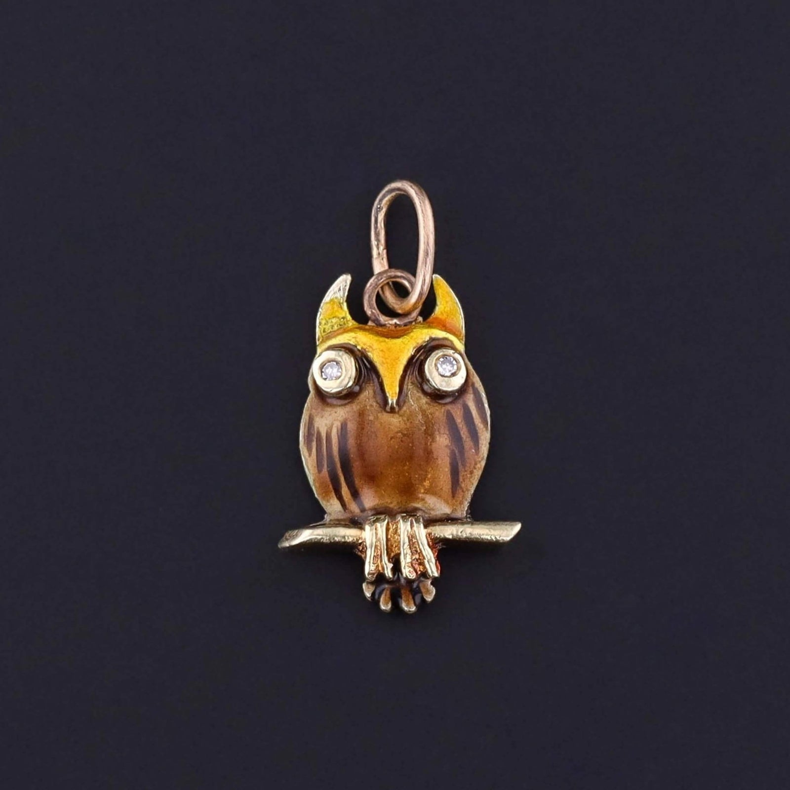 Vintage Enamel Owl Charm of 14k Gold - Trademark Antiques