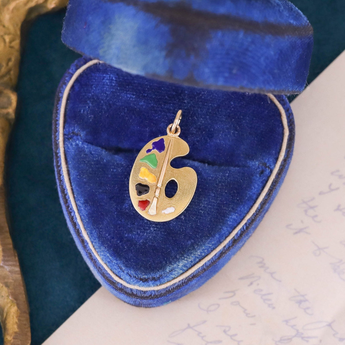Vintage Enamel Painter&#39;s Palette Charm of 14k Gold - Trademark Antiques