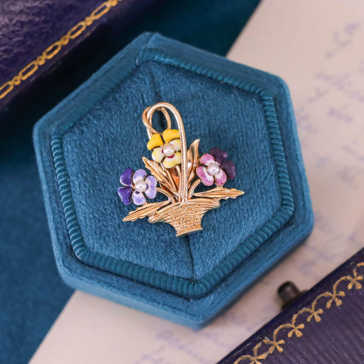 Vintage Enamel Pansy Charm of 14k Gold - Trademark Antiques