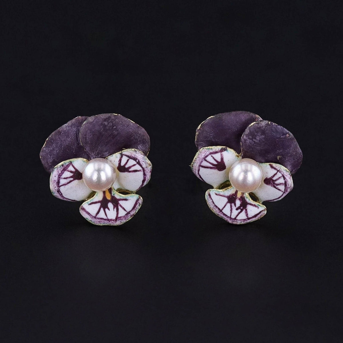 Vintage Enamel Pansy Earrings of 14k Gold - Trademark Antiques
