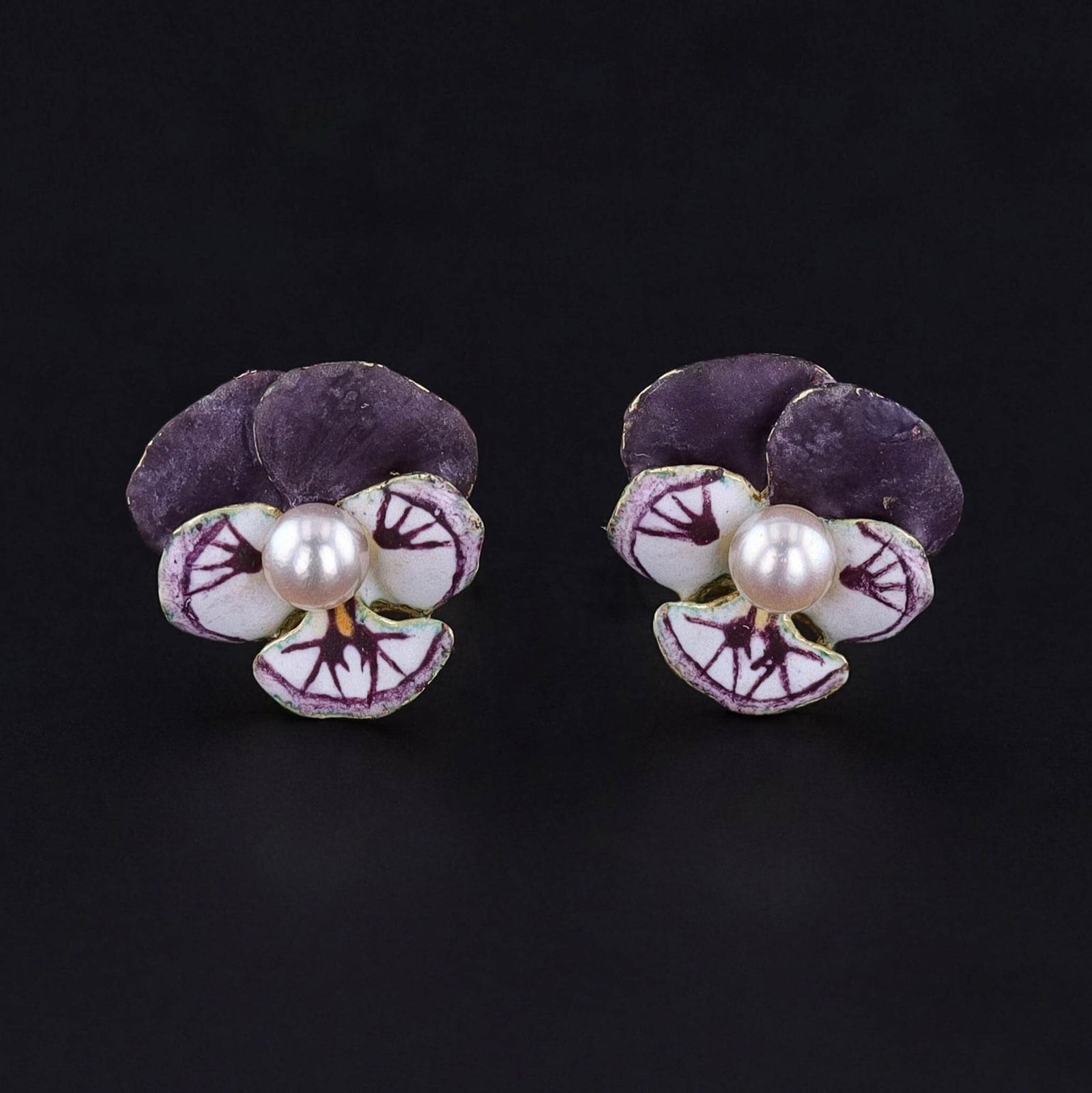 Vintage Enamel Pansy Earrings of 14k Gold - Trademark Antiques