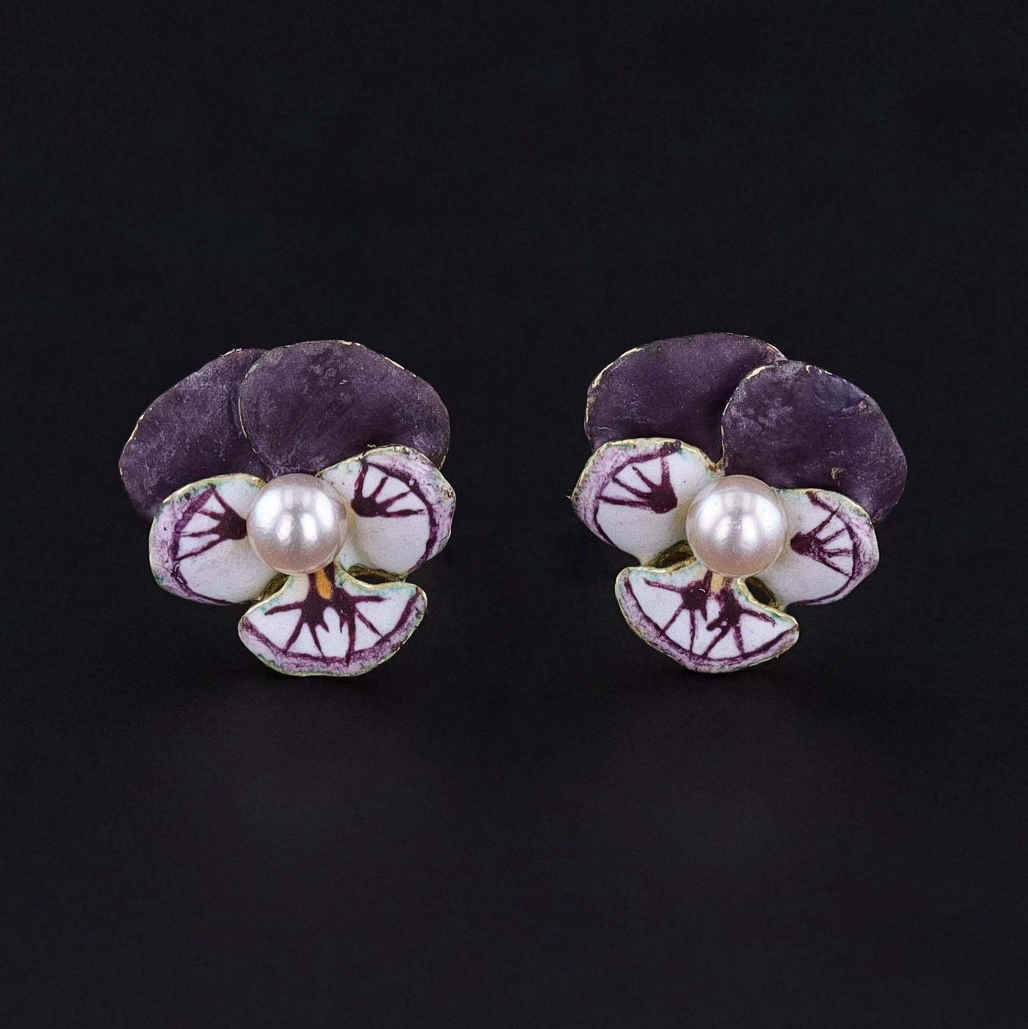 Vintage Enamel Pansy Earrings of 14k Gold - Trademark Antiques