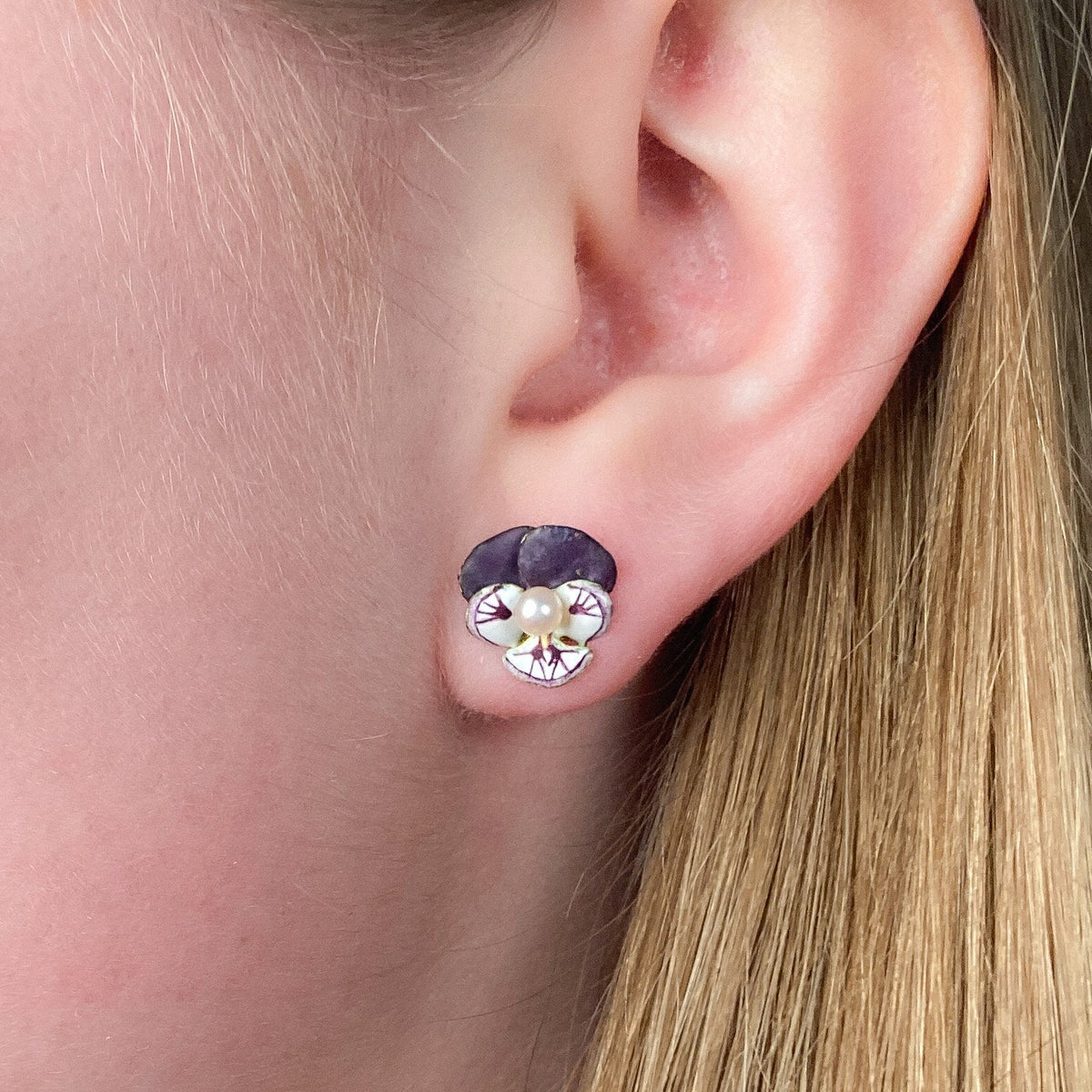 Vintage Enamel Pansy Earrings of 14k Gold - Trademark Antiques