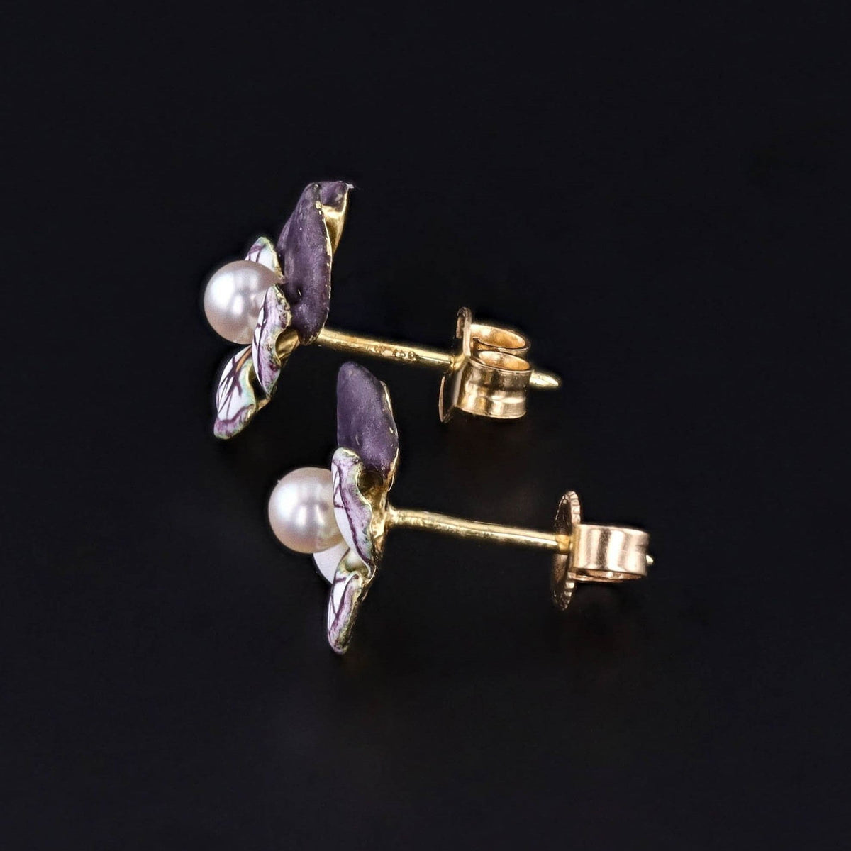 Vintage Enamel Pansy Earrings of 14k Gold - Trademark Antiques
