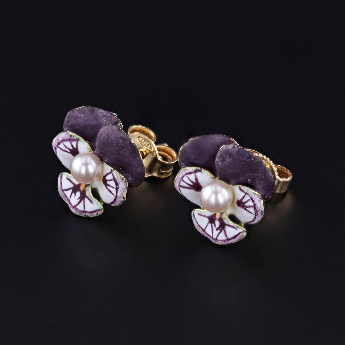 Vintage Enamel Pansy Earrings of 14k Gold - Trademark Antiques