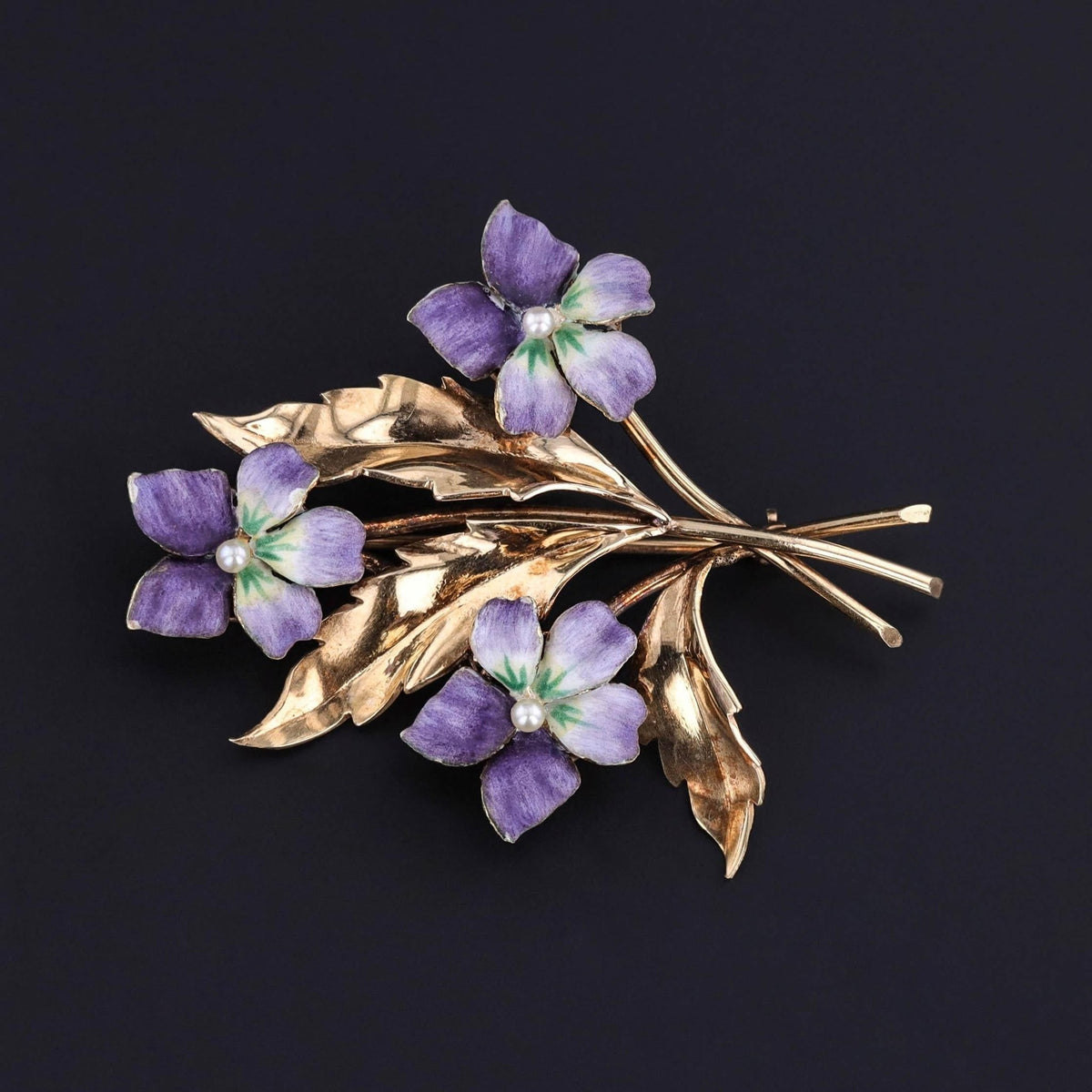 Vintage Enamel Violet Brooch of 14k Gold - Trademark Antiques