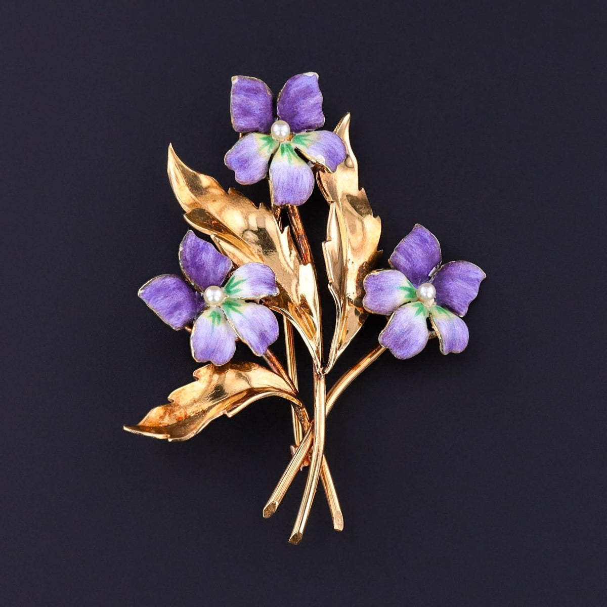 Vintage Enamel Violet Brooch of 14k Gold - Trademark Antiques